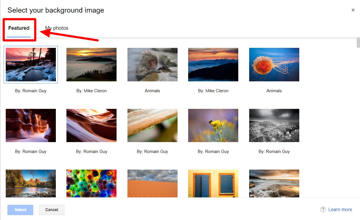 Background image selector on the Featured tab.