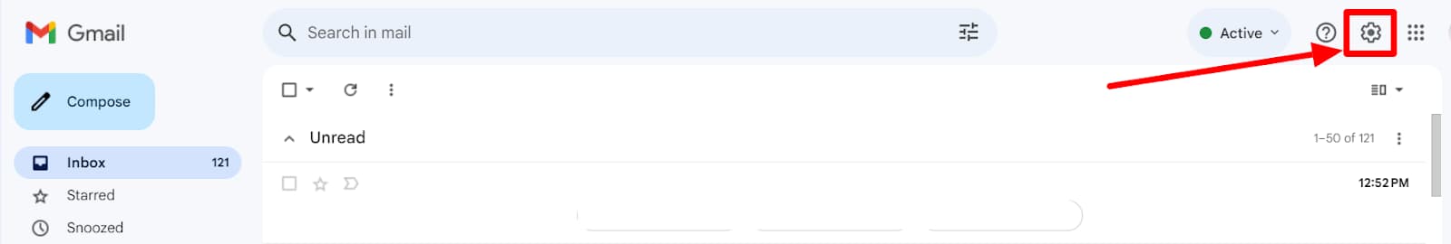 Gmail inbox with the settings gear highlighted.