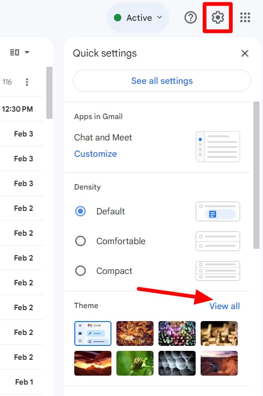 Gmail Quick settings with the Theme View all link highlighted.