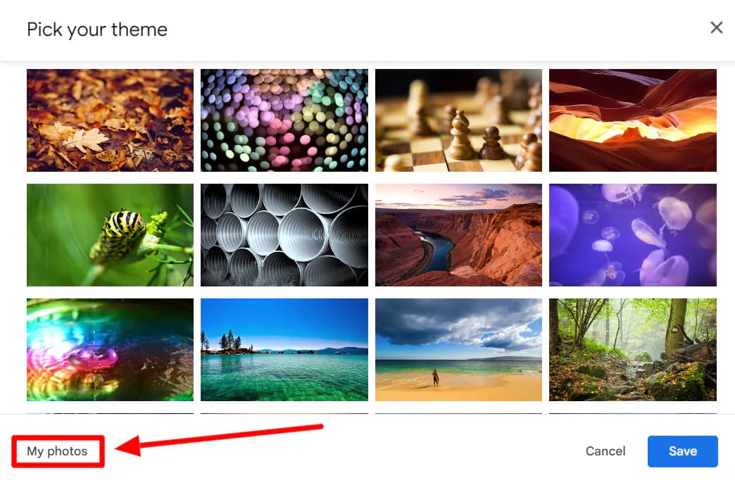 Gmail theme gallery with My photos highlighted.