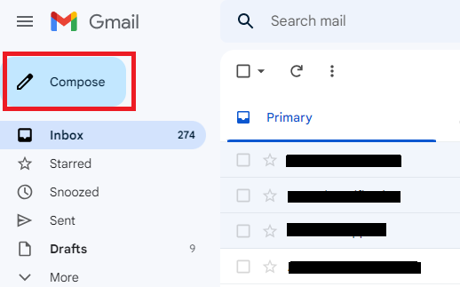 Gmail inbox with Compose highlighted.