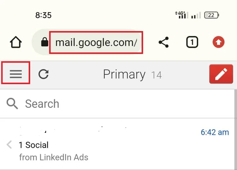 Gmail in a mobile browser with the navigation menu highlighted.