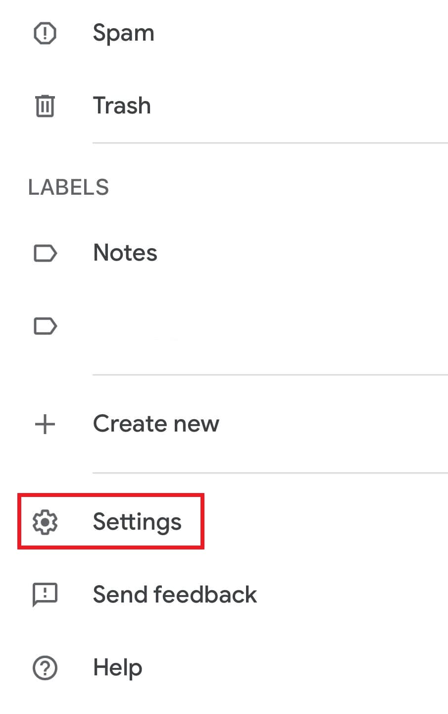 Gmail mobile navigation with Settings highlighted.