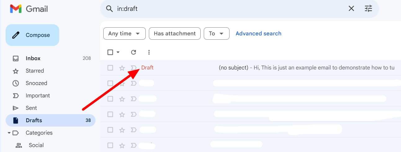 Gmail Drafts folder with a saved draft indicated.