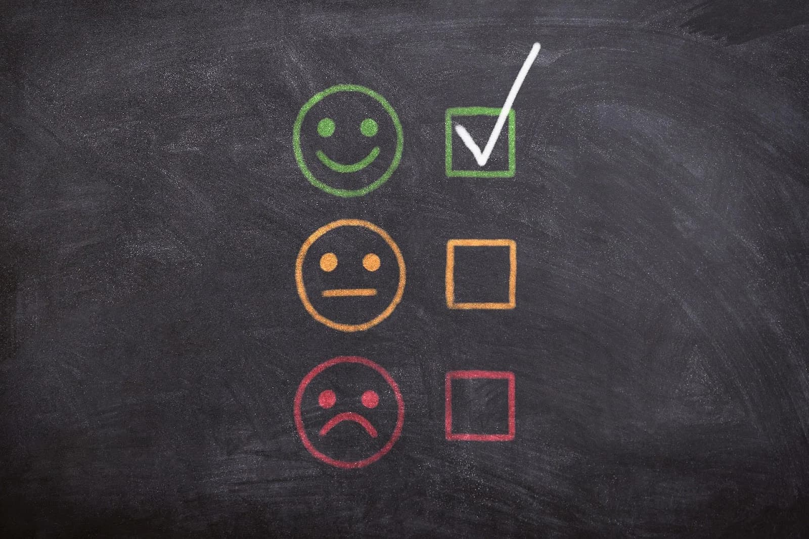 Chalkboard feedback choices with happy, neutral, and sad faces and the happy option checked.