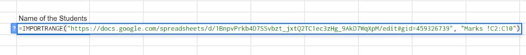 An IMPORTRANGE formula references another spreadsheet's Marks sheet.