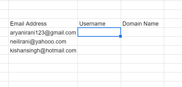 Email addresses in Google Sheets beside empty Username and Domain Name columns.