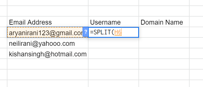 Selecting the email address in H6 as the SPLIT formula's text argument.