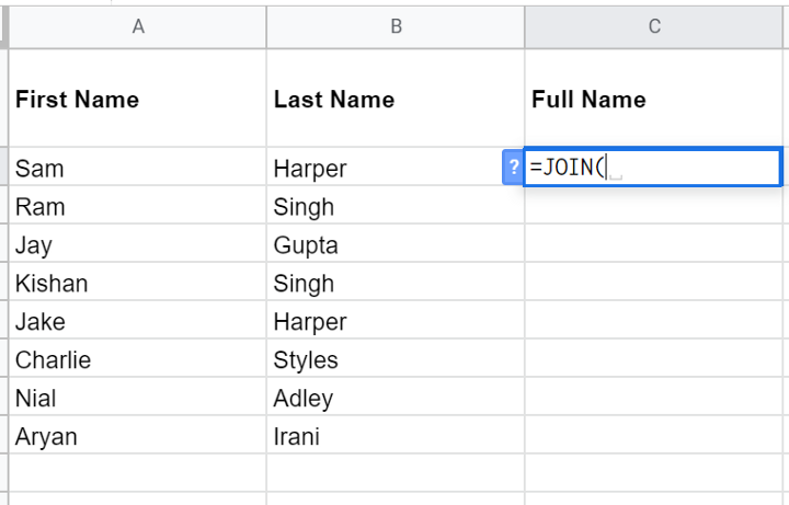 Starting a JOIN formula in the Full Name column.