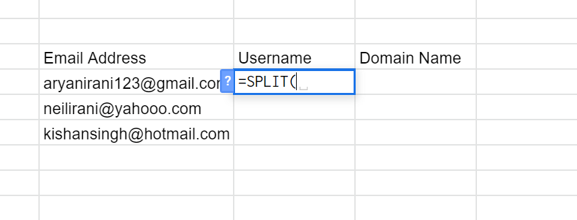 Starting a SPLIT formula in the Username column.