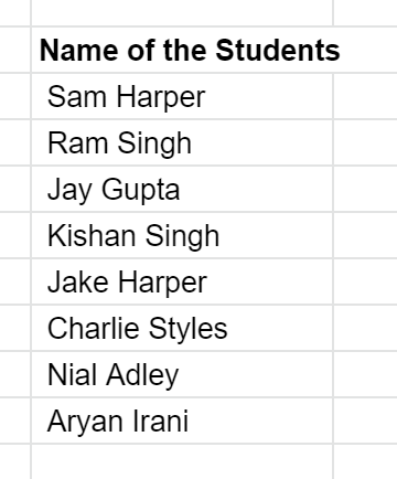 Student names imported into the Name of the Students column.