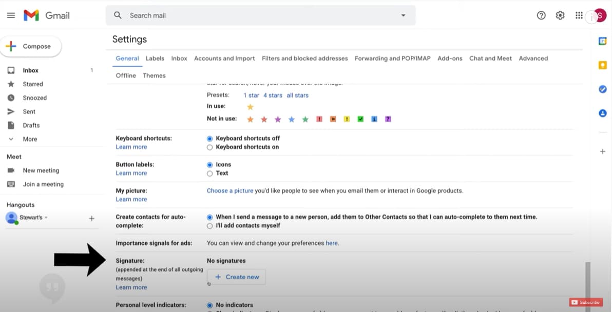 Gmail General settings with the Signature section and Create new button indicated.