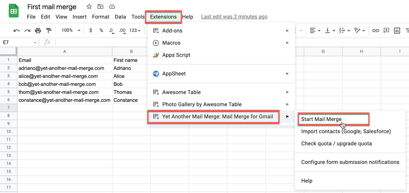 Google Sheets Extensions menu with YAMM Start Mail Merge highlighted.