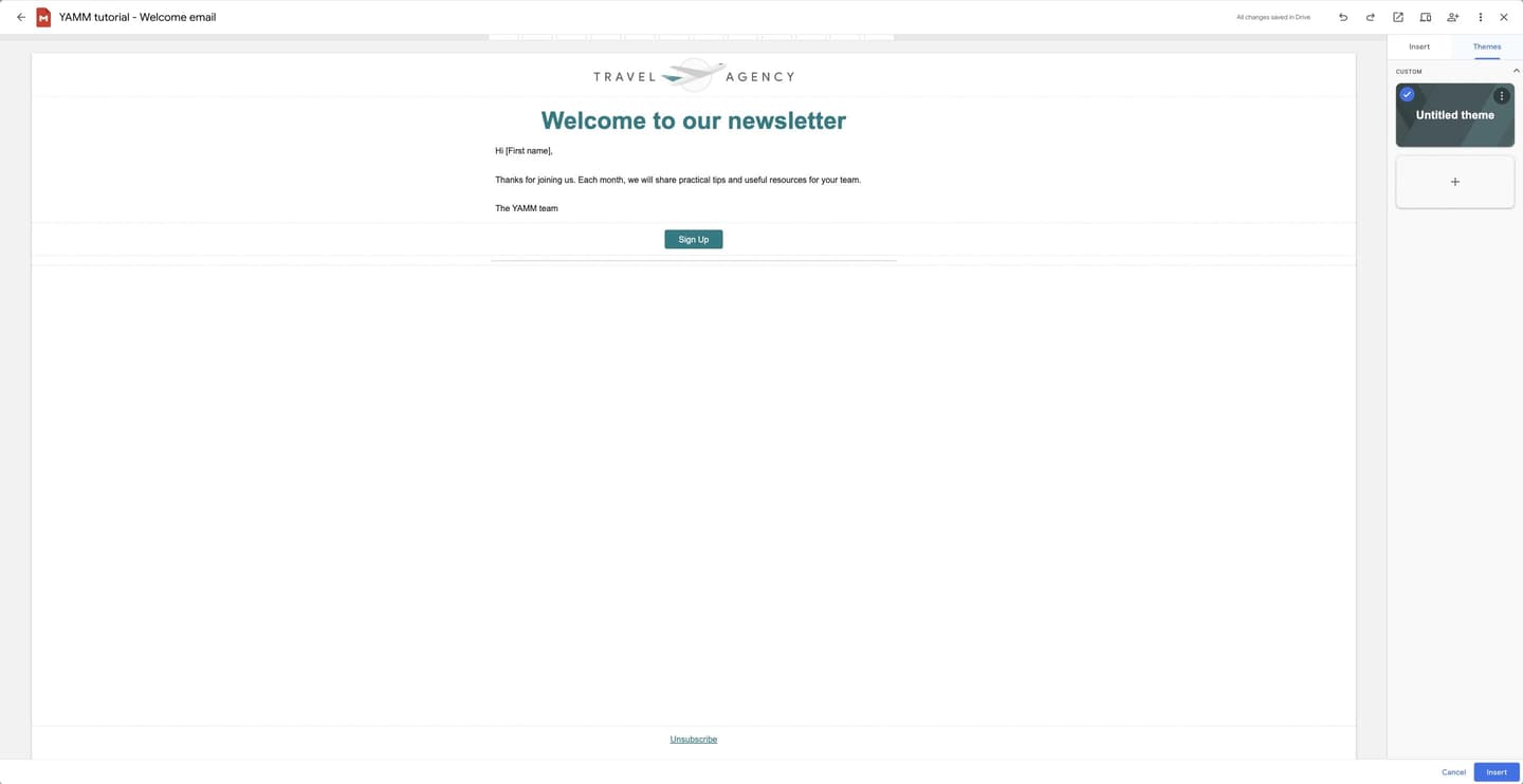 Google email layout editor with a demo newsletter, the Themes panel, and the Insert button.