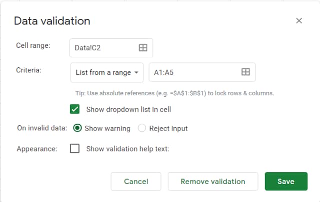 Data validation configured to use the color list in A1:A5.