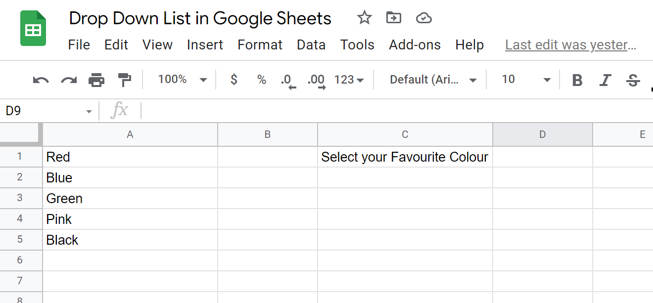 Google Sheets with five color choices in column A and a favorite-color prompt in column C.