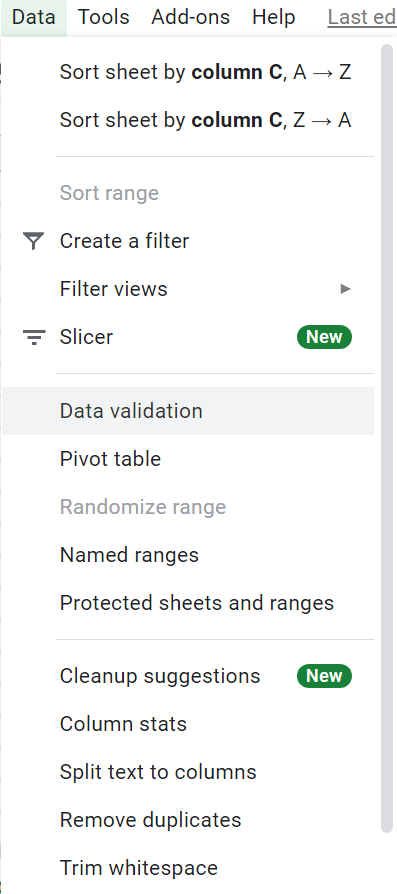 The Data validation option selected from the Data menu.