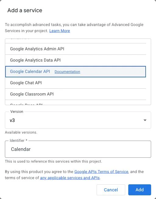 Apps Script Add a service dialog with Google Calendar API selected, version v3, and identifier Calendar.