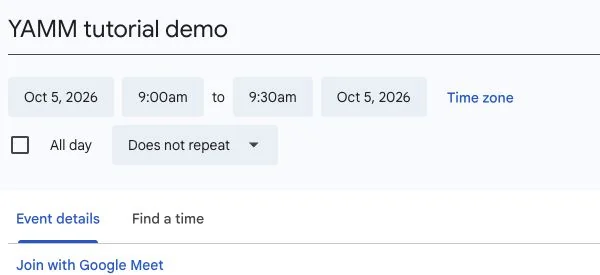 Example Calendar event with a Google Meet link.