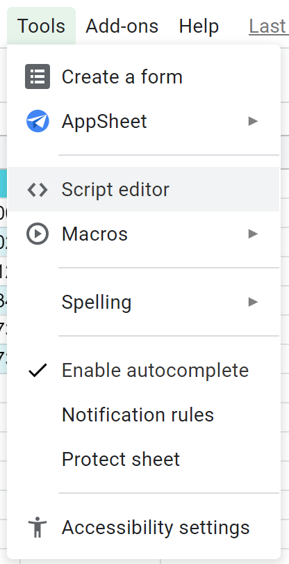The Script editor option in the Google Sheets Tools menu.
