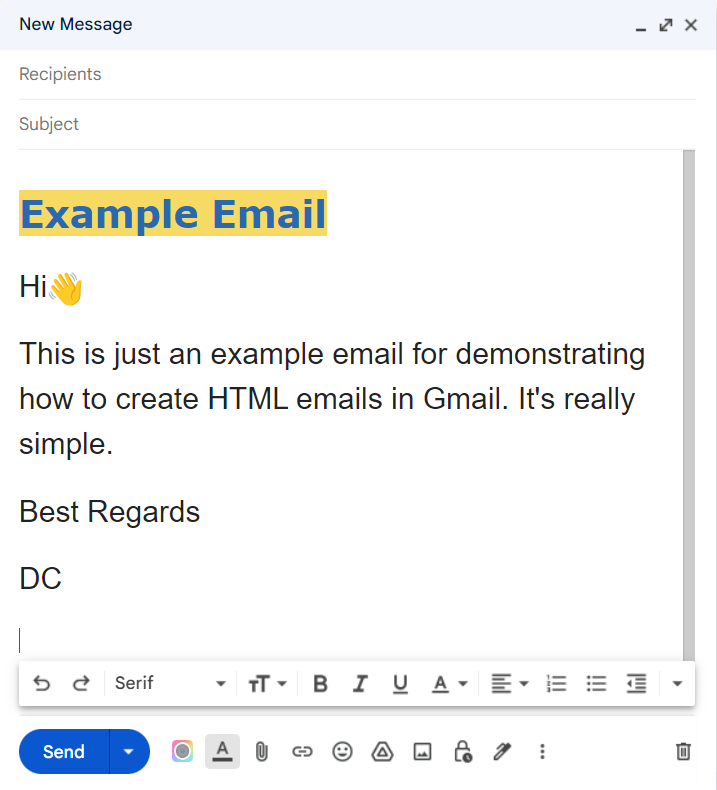 Formatted HTML email pasted into a Gmail compose window
