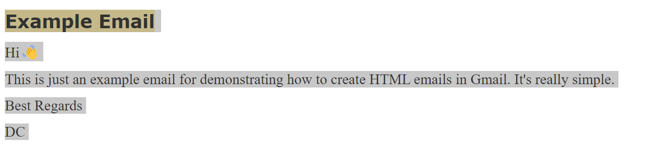 Rendered HTML email text selected for copying