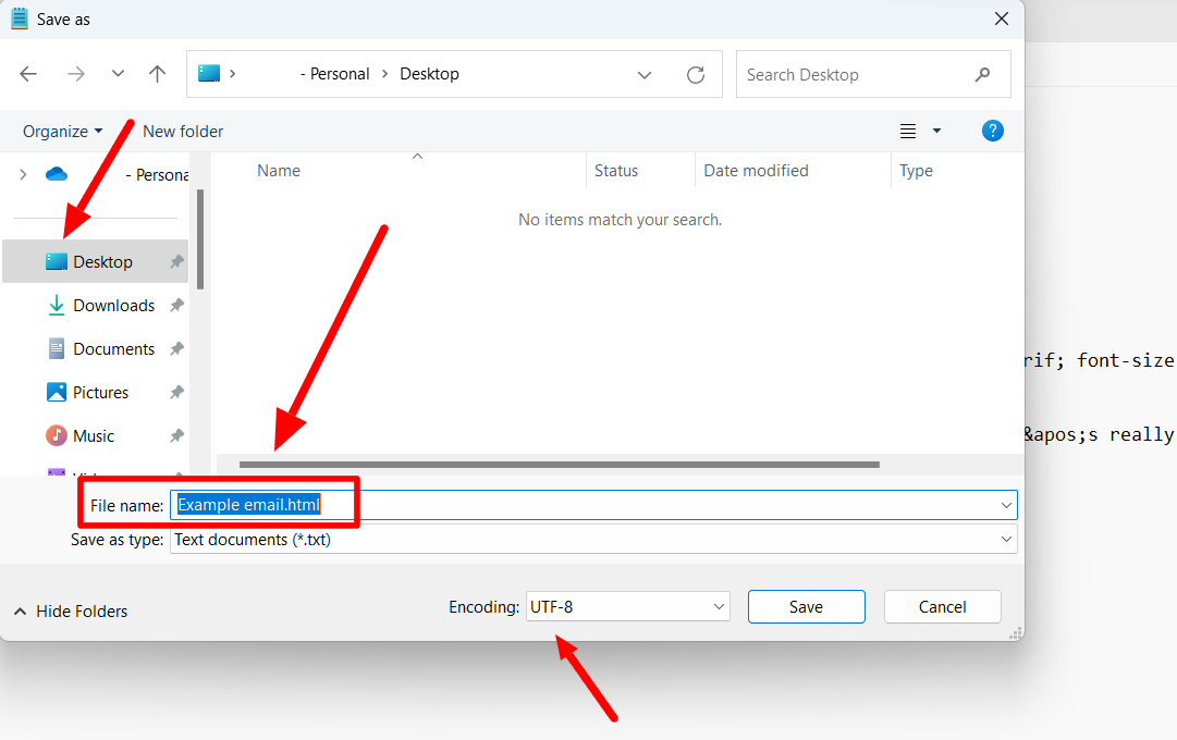 Windows Save as dialog saving an email template with an .html filename and UTF-8 encoding