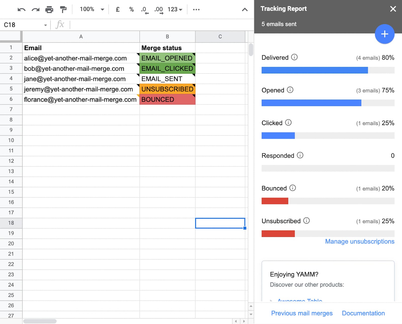 YAMM Tracking Report beside color-coded email campaign statuses in Google Sheets.