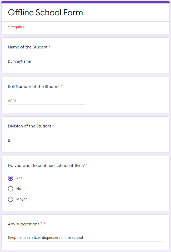 A sample form filled with DummyName, roll number A001, division B, and other example answers.