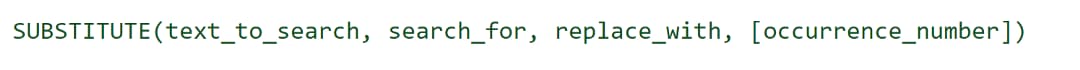 SUBSTITUTE syntax: text_to_search, search_for, replace_with, and optional occurrence_number.