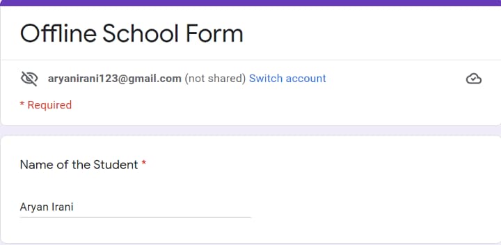 The form's Name of the Student field pre-filled with Aryan Irani.