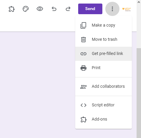 The Get pre-filled link option in Google Forms' three-dot menu.