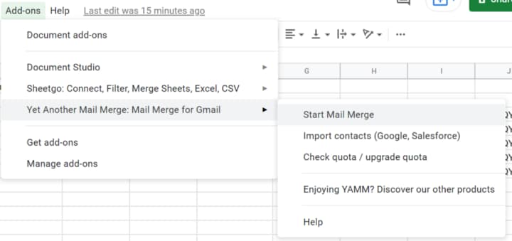 The Google Sheets Add-ons menu with Yet Another Mail Merge and Start Mail Merge selected.
