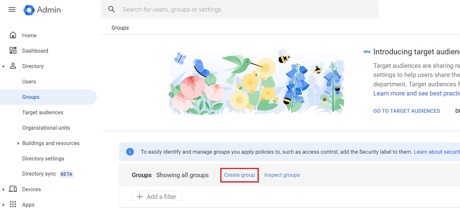 Google Admin Groups page with Create group highlighted.