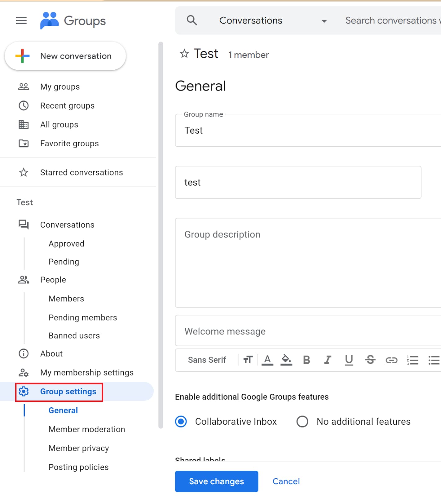 Google Groups settings showing the Collaborative Inbox feature option.