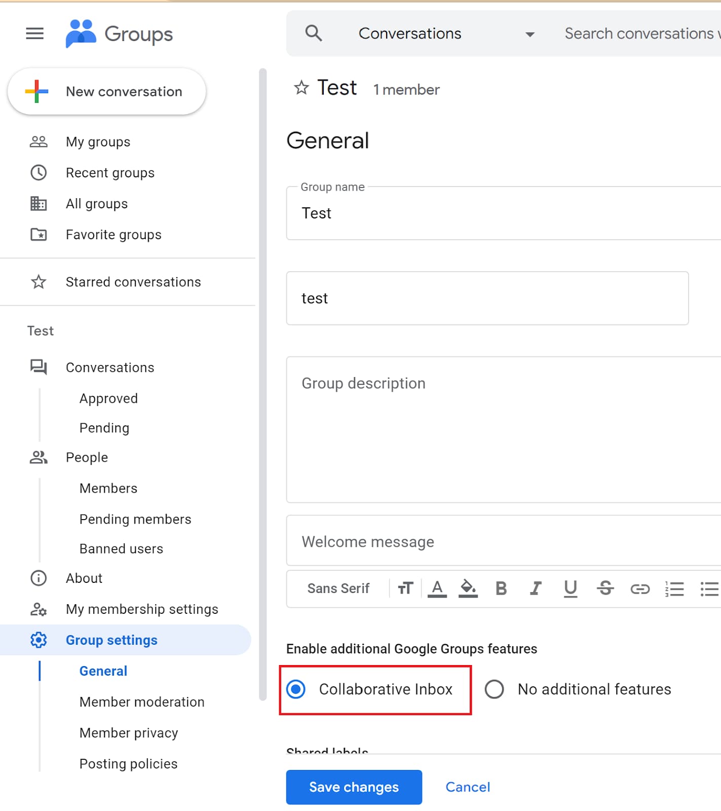 Google Groups settings with Collaborative Inbox selected and Save changes below.
