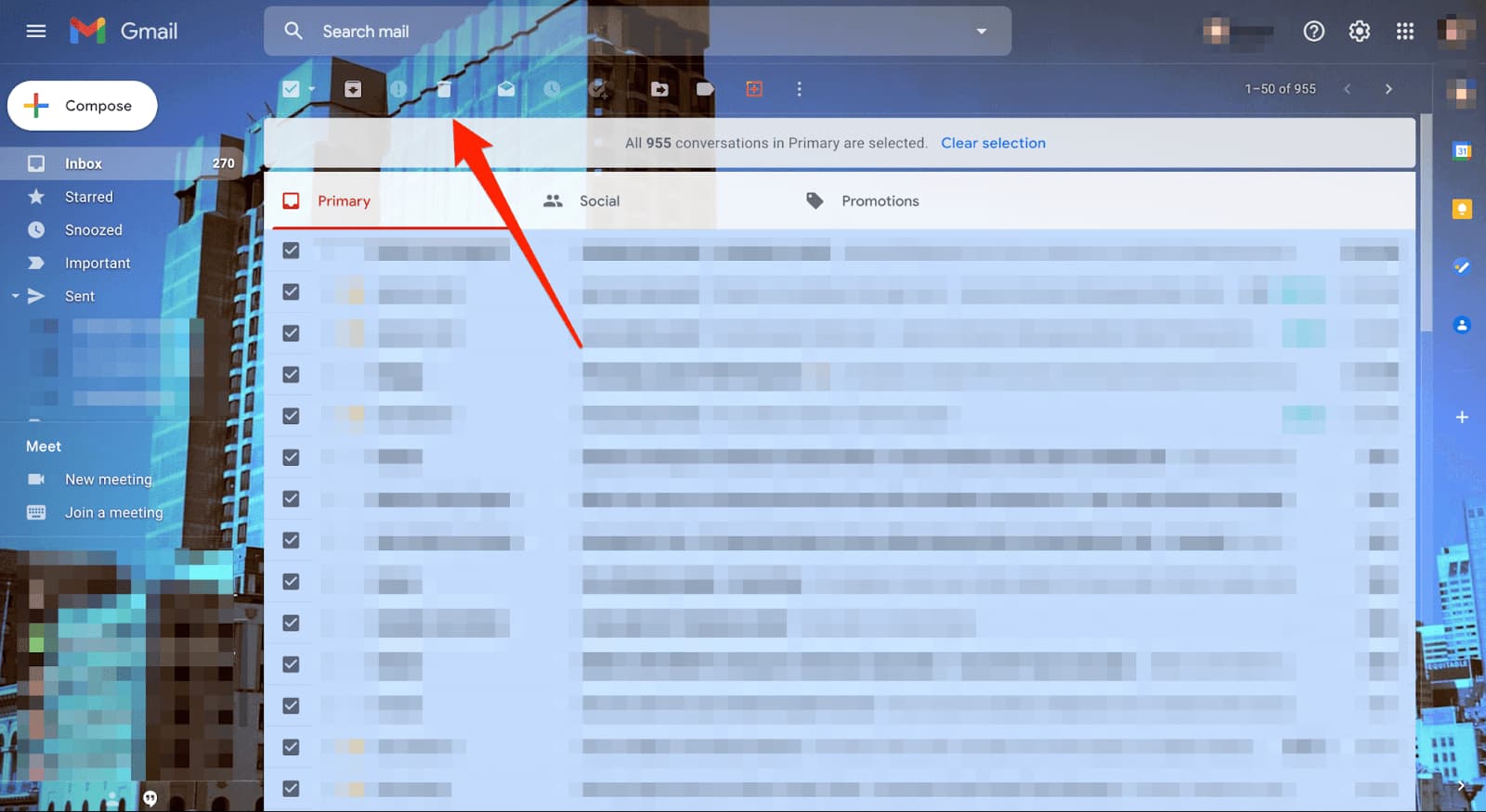 Gmail inbox with all conversations selected and the Delete button indicated.