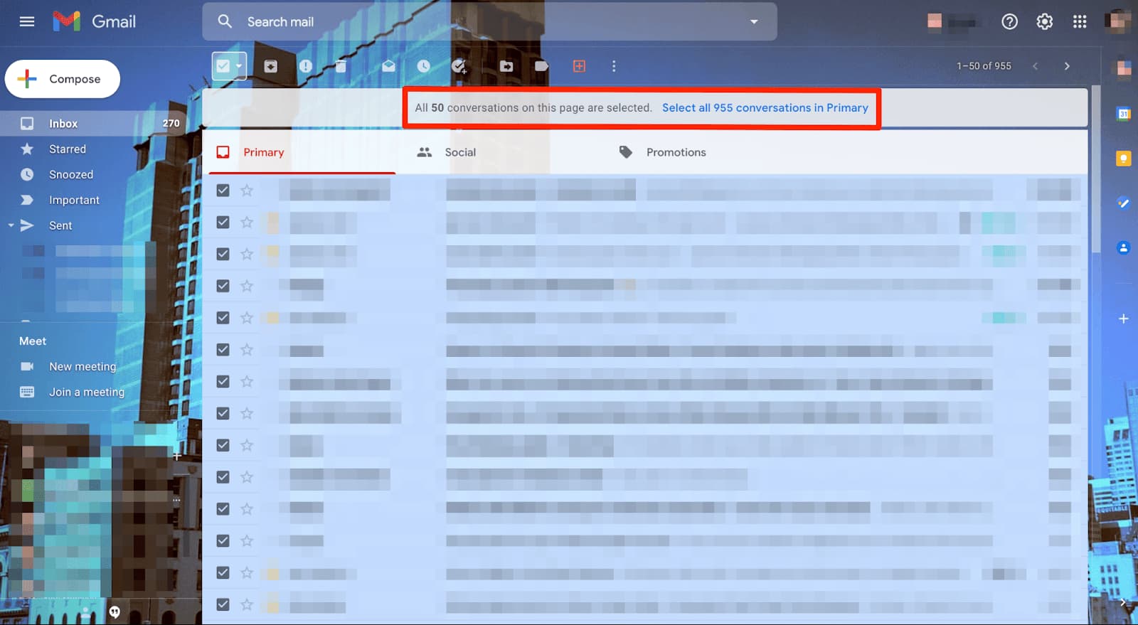 Gmail selection banner offering to select all 955 conversations in Primary.