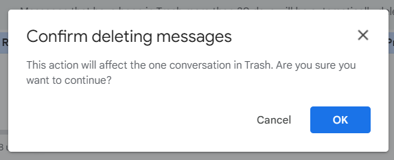 Gmail confirmation dialog for deleting a conversation from Trash.