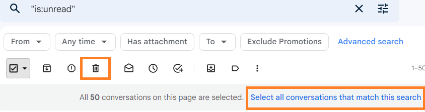 Gmail delete button and select-all-matching-conversations link highlighted.