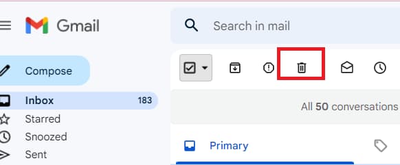 Gmail delete button highlighted above selected messages.