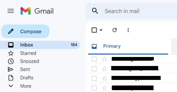 Gmail inbox with the Primary tab and message checkboxes.