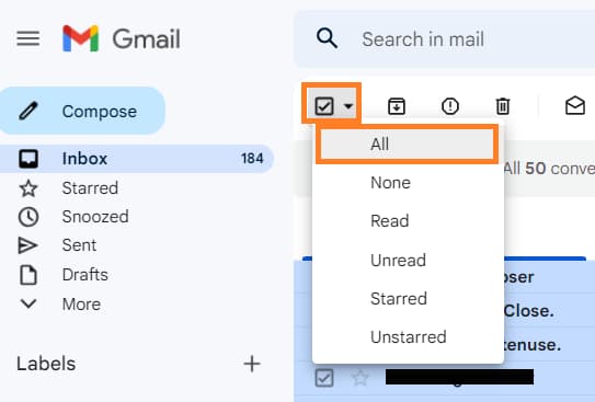 Gmail selection menu with All highlighted.