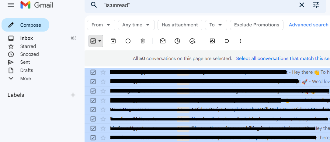 Gmail unread-email search with all messages on the page selected.