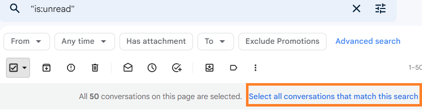 Select all conversations that match this search link highlighted in Gmail.