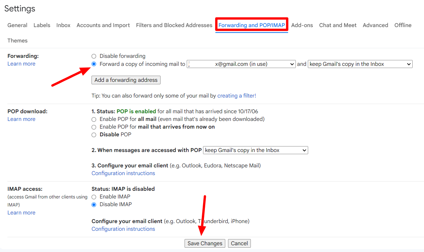 Forwarding is enabled, and the Save Changes button is highlighted.