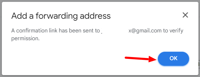 Gmail confirms that a verification email was sent to the forwarding address.
