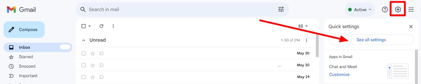 Gmail's Settings gear and See all settings button are highlighted.