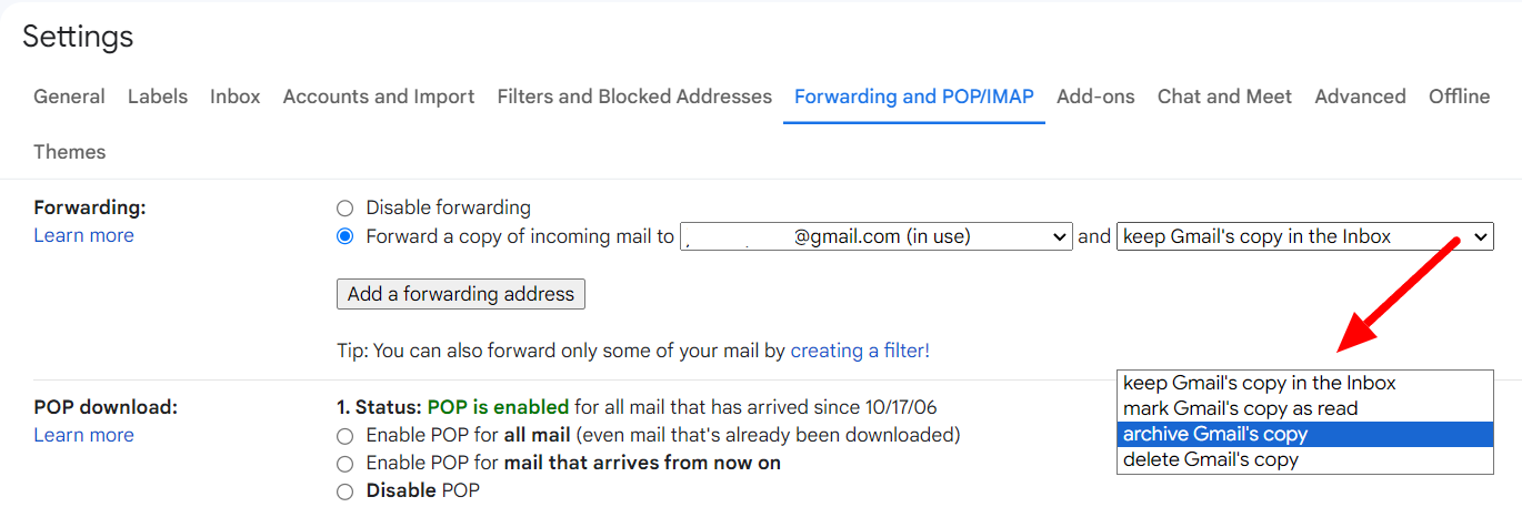 The dropdown for Gmail's copy offers keep, mark as read, archive, and delete options.