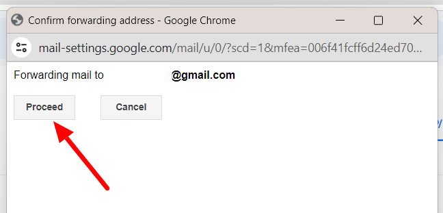 The forwarding-address confirmation window highlights Proceed.
